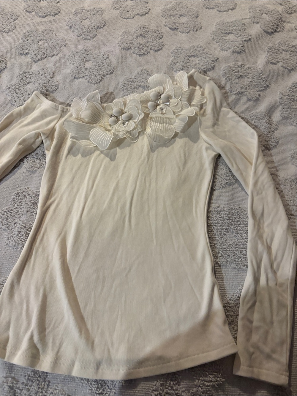 Cream Long-Sleeve Women's Top with Floral Appliqué